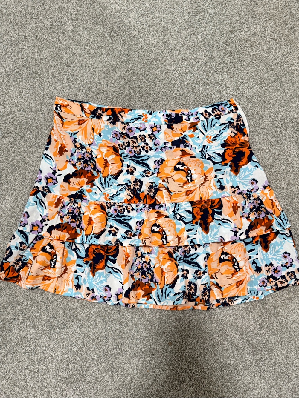 Tiered Floral Skater Skirt in Orange and Light Blue